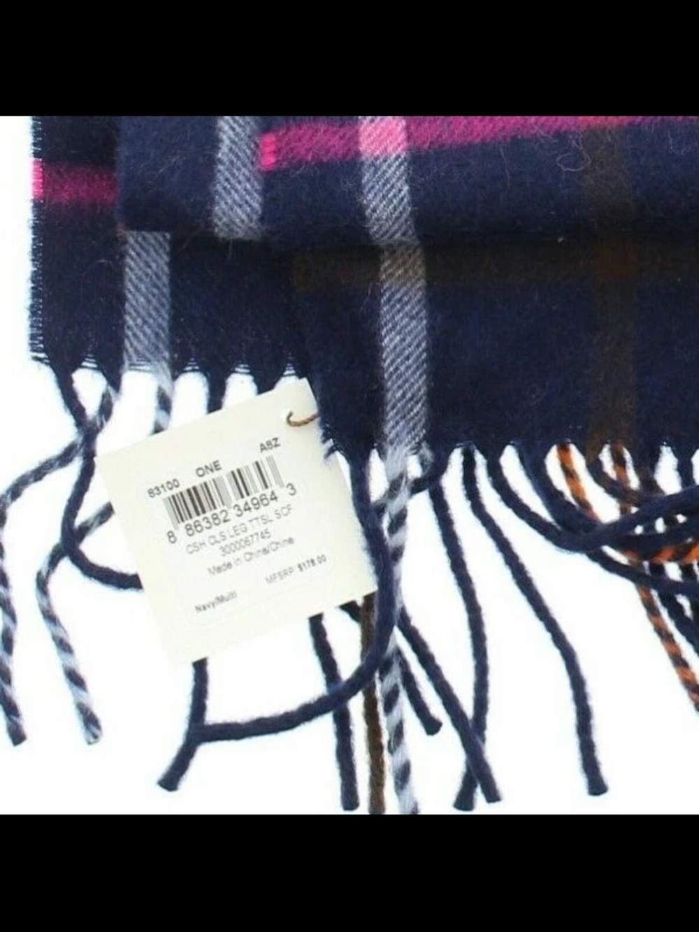 COACH LEGACY CASHMERE NECK WRAP, SCARF PLAID WITH FRINGE NAVY NWT - Picture 3 of 9